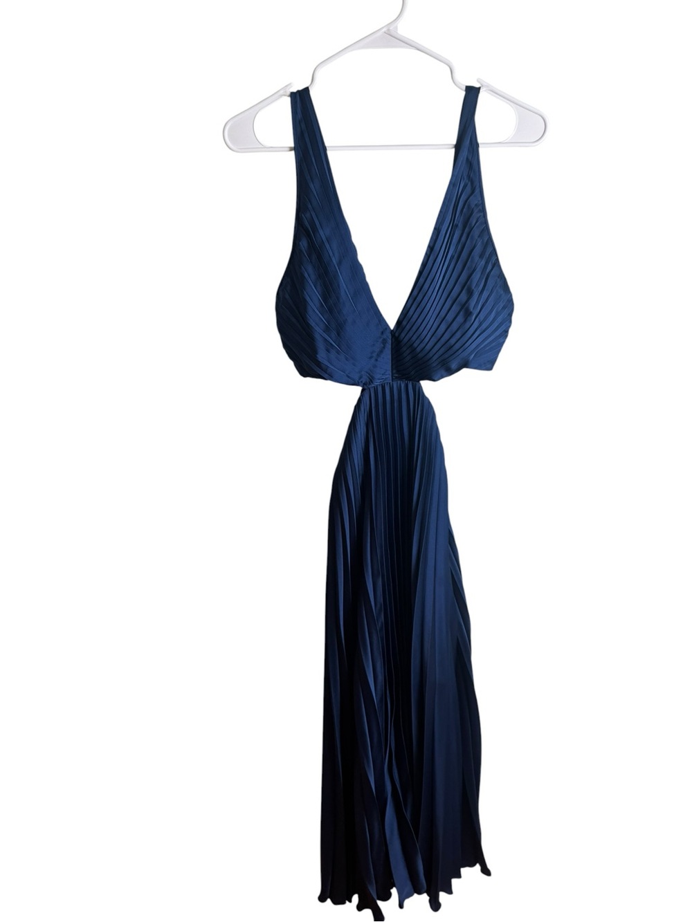 Abercrombie & Fitch Giselle Pleated Cutout Maxi Dress Navy Blue Satin M - Picture 3 of 6